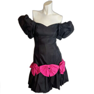 Vintage 80s Black Puff Sleeves Pink Bows Dress Party Prom Retro Size 7-8